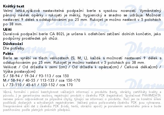 Berle podpažní duralová vel.S do 100kg CA 802 L