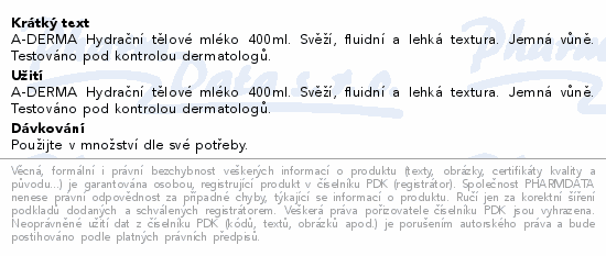 A-DERMA Hydratační tělové mléko 400ml