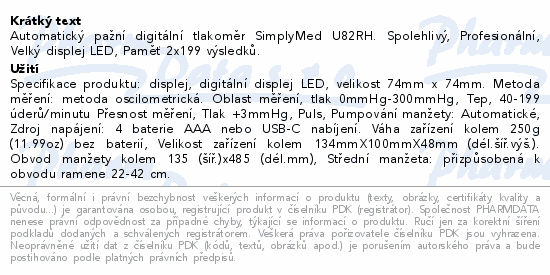 SimplyMed Automatický pažní digitál.tlakoměr U82RH