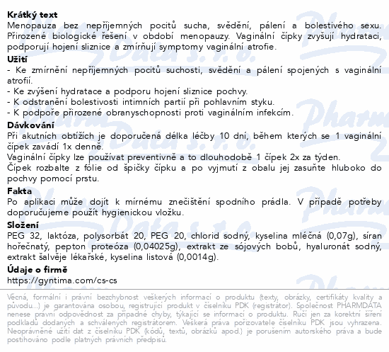 Fytofontana GYNTIMA Menopausa vag.čípky 10ks