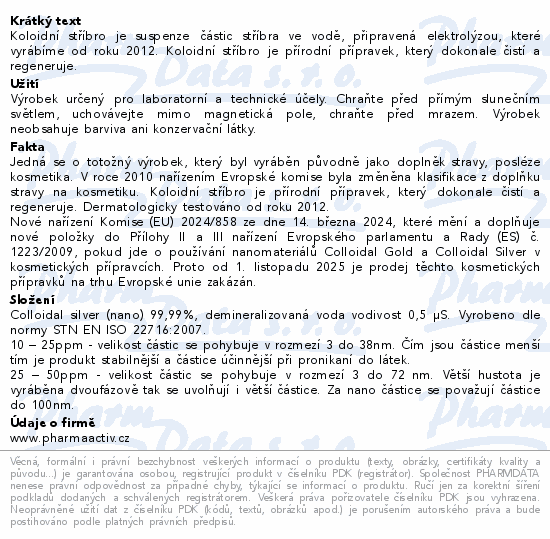 Koloidní stříbro Ag100 25ppm 500ml